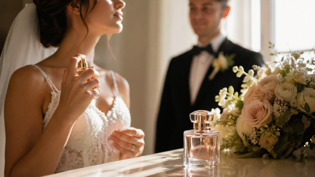 Na obrazie widoczna jest scena przygotowań do ślubu w jasnym, eleganckim wnętrzu